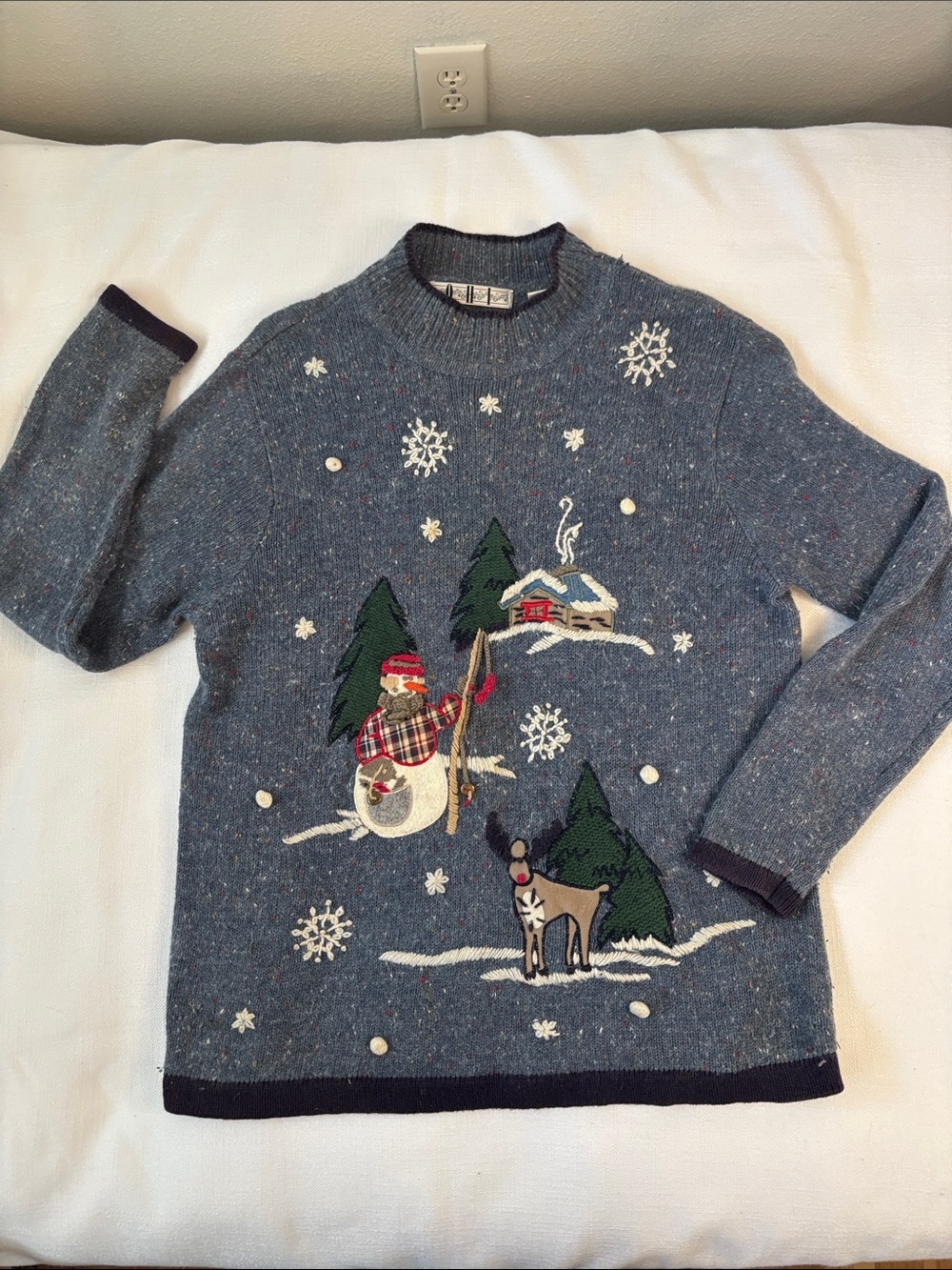 Men's Heather Blue Crewneck Holiday Sweater with Snowman & Reindeer -0398sku
